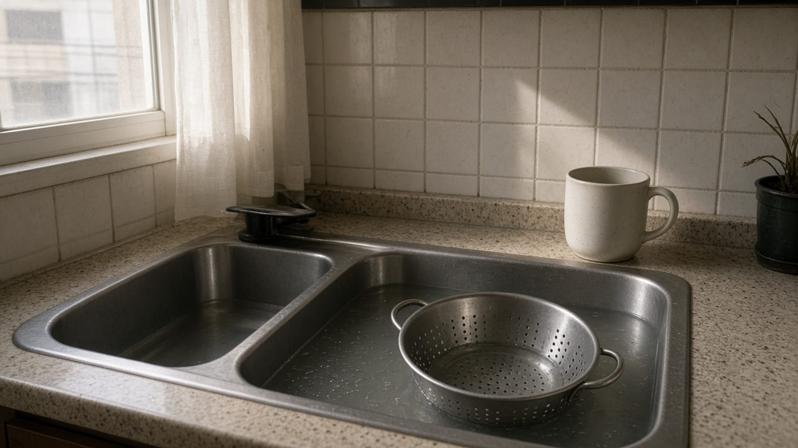 Cuba de cozinha com água parada e utensílios no balcão, ambiente residencial vazio.
