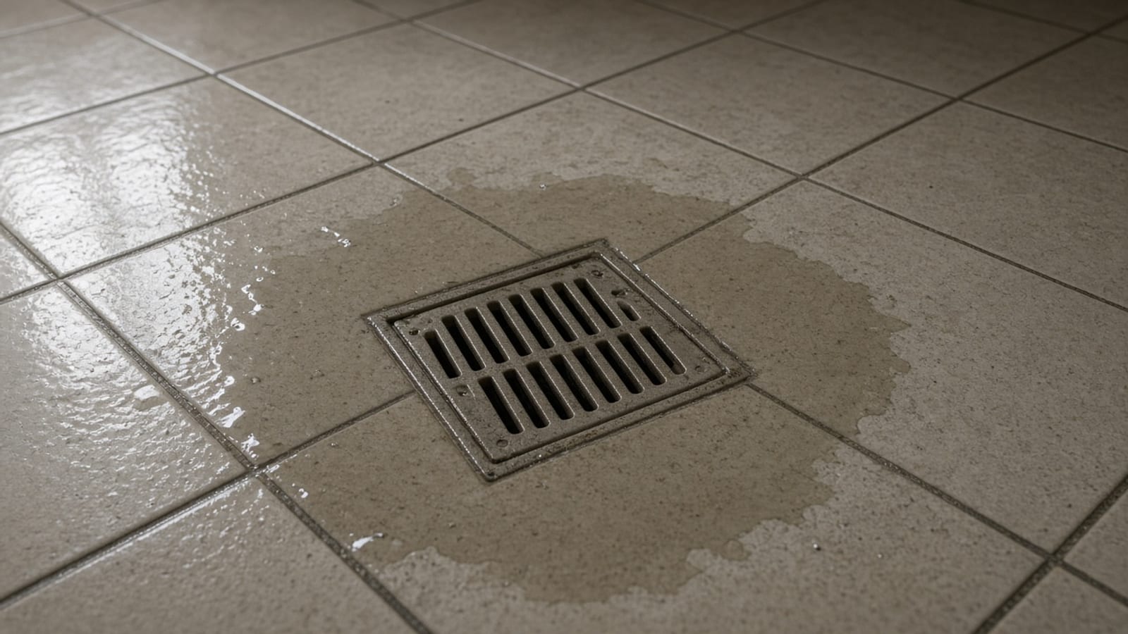 Água empoçada sobre a grelha de um ralo de banheiro, sem pessoas na cena.