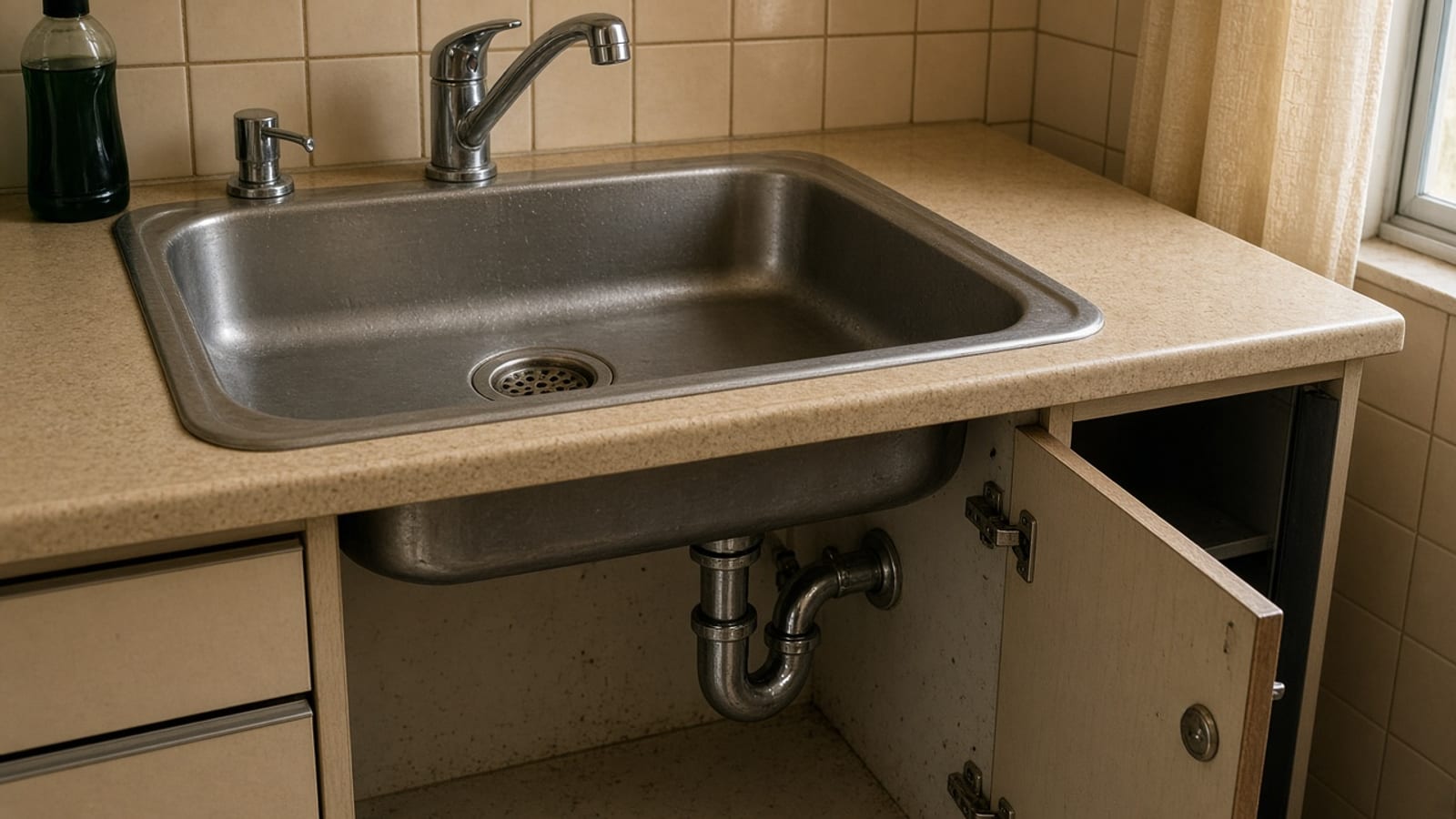 Cuba de aço inox vazia em cozinha residencial, com o espaço do armário aberto.