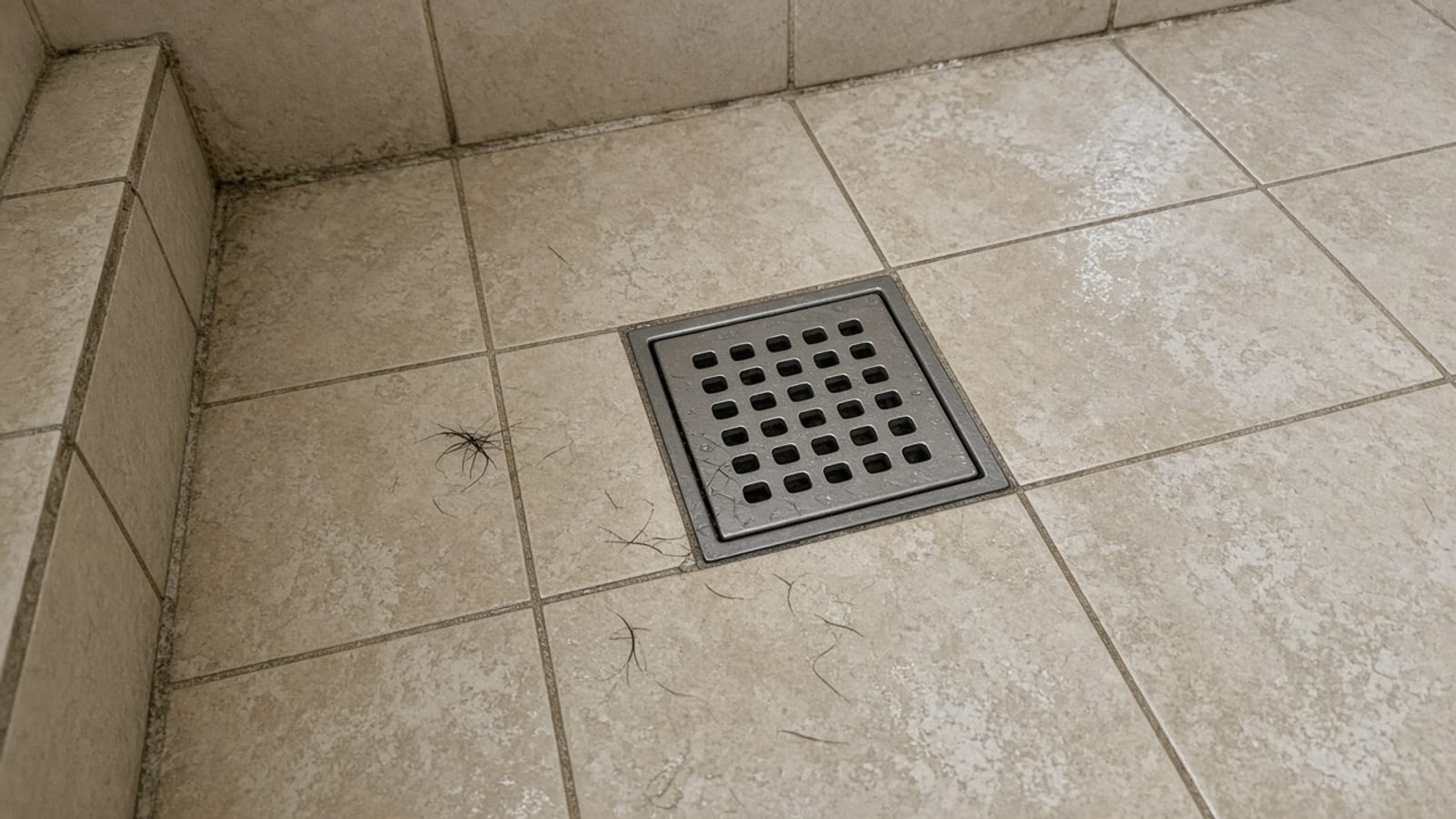 Grelha quadrada de ralo no piso de box com azulejo bege, sem pessoas.