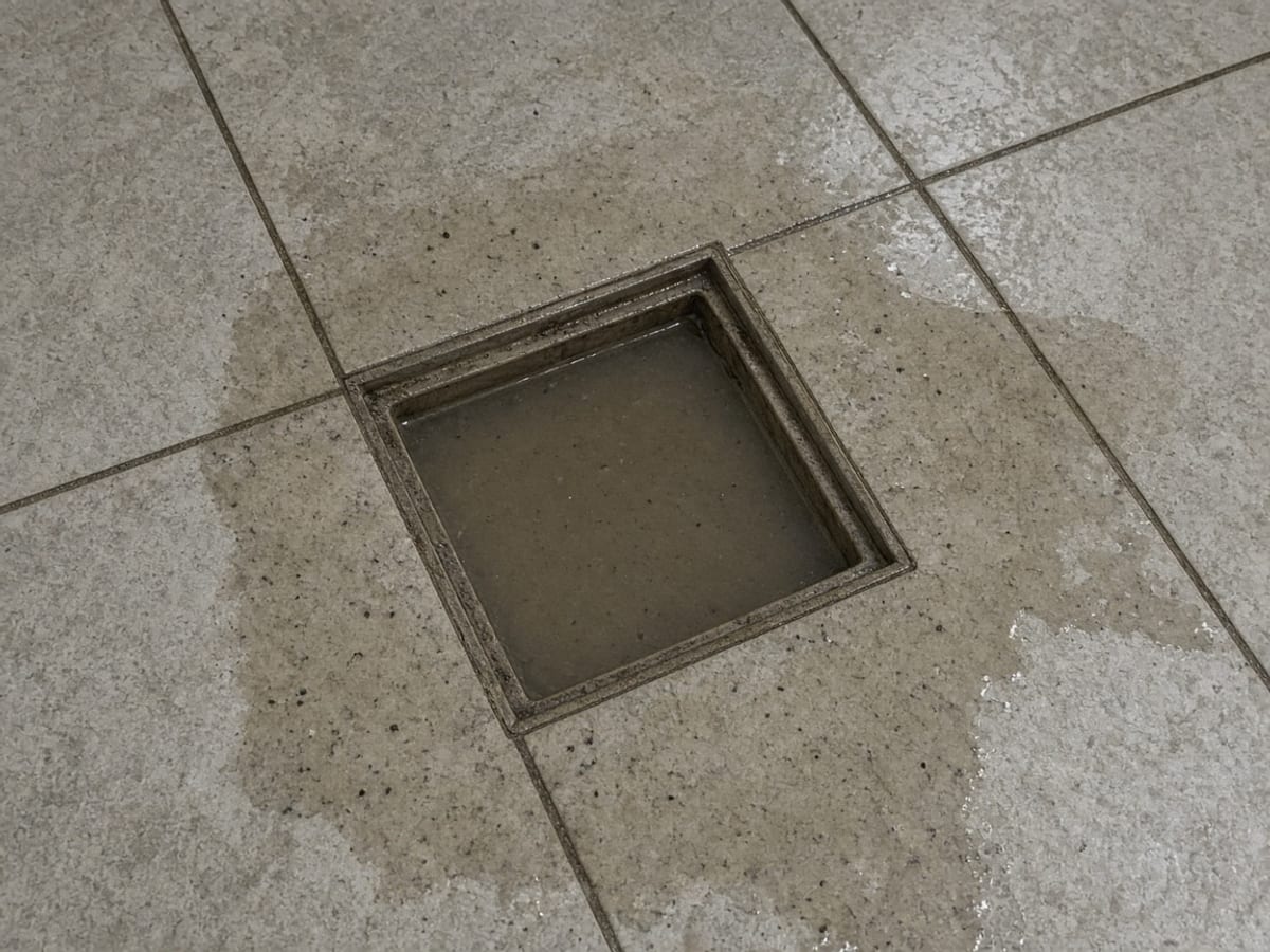 Detalhe de água turva retida sobre a grelha de ralo de piso.