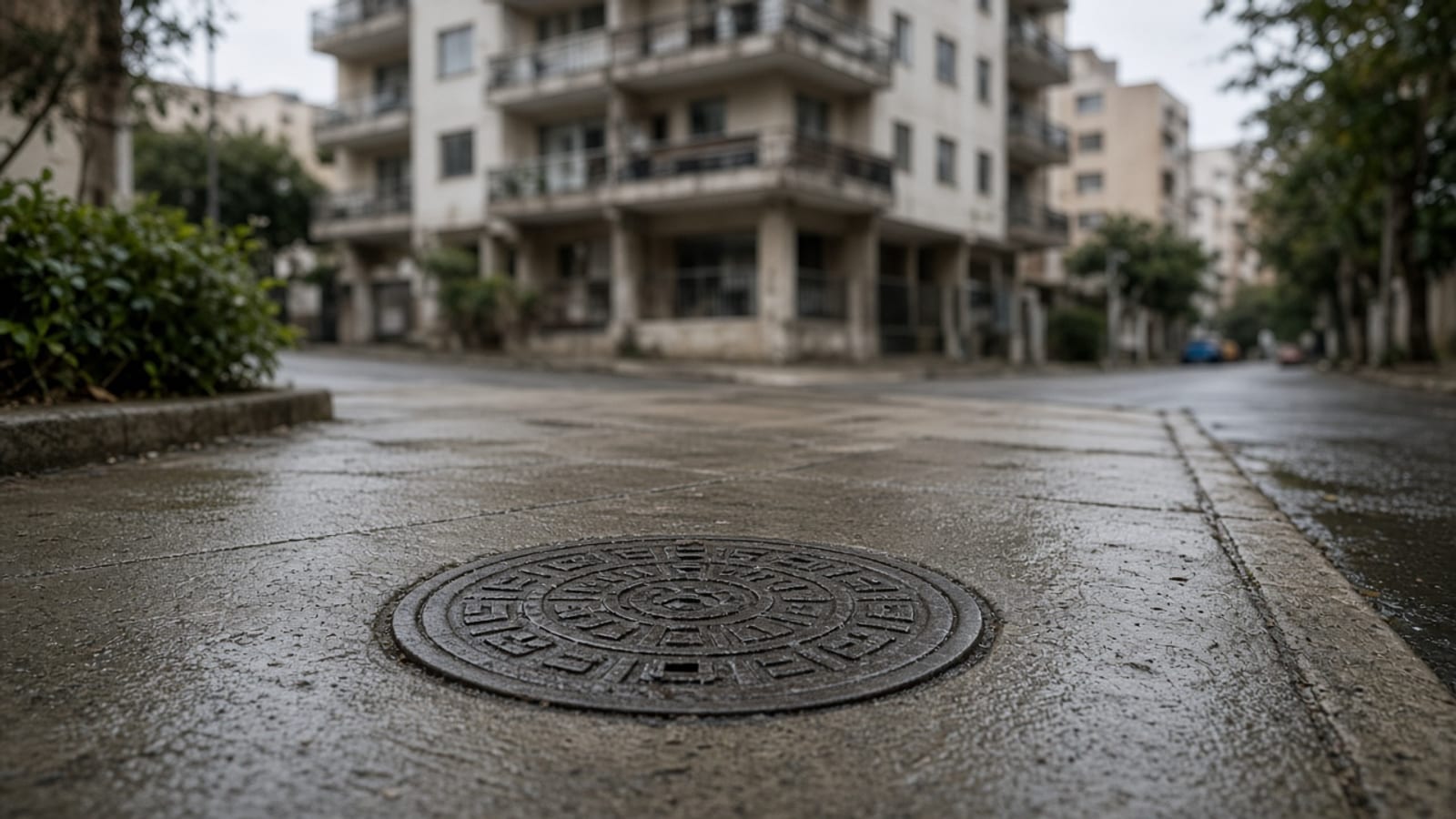 Tampa de poço de visita em calçada urbana molhada, sem pessoas nem marcas.